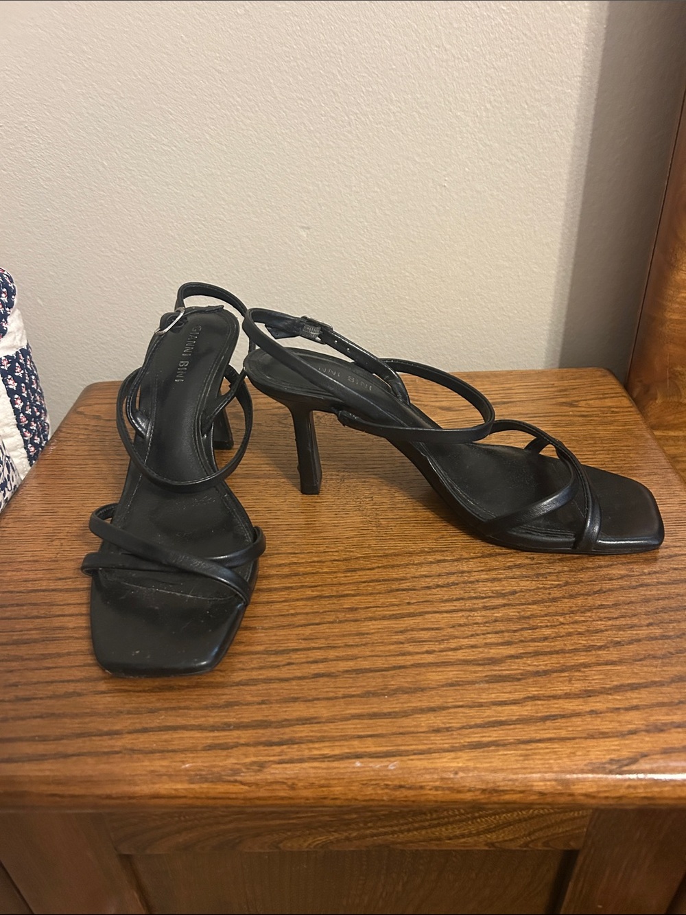 Black Strappy Square-Toe Heeled Sandals with Ankle Strap